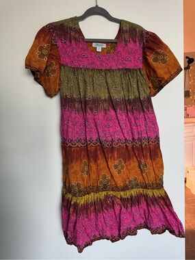 Haband! Colorblock Boho Tiered Dress in Pink, Olive & Rust size s